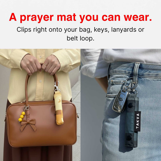 SalahTag portable prayer mat worn as keychain and clipped to bag